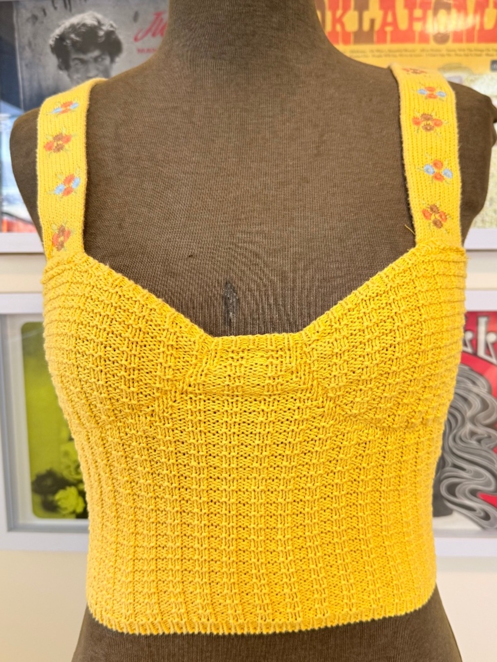 Yellow Knit Floral Strap Tank – Cottagecore Retro Summer Statement Top